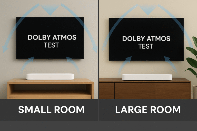 Split-screen of Beam Gen 2 Atmos test in small vs large room setup.