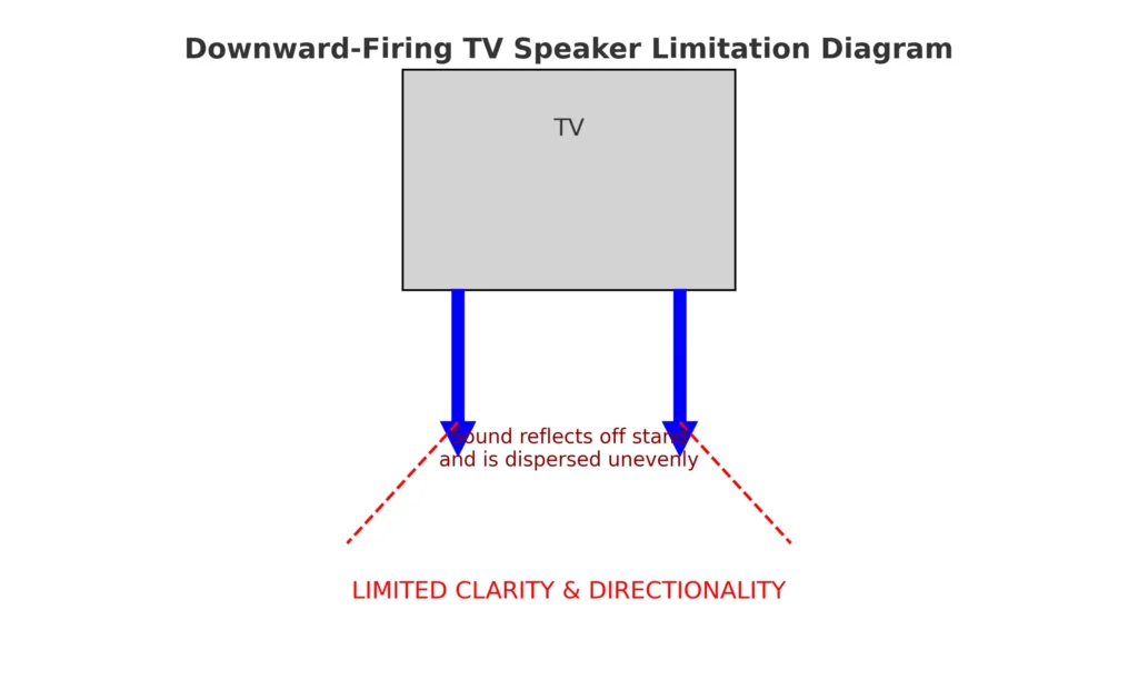 TV speaker diagram showing downward-firing driver limitations.
