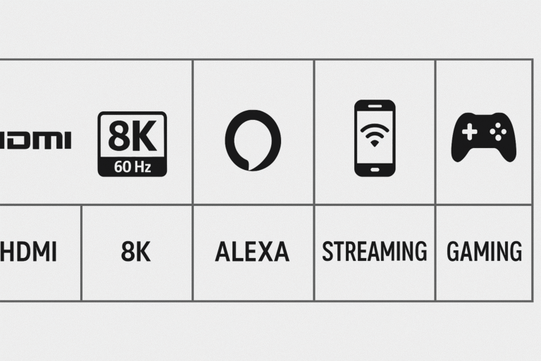 Feature comparison table with icons for HDMI, 8K, Alexa, Streaming, and Gaming showing checkmarks for the Yamaha RX-V6A, Denon AVR-X2800H, and Marantz SR6015—highlighting their shared support for HDMI 2.1, 8K passthrough, Alexa voice control, streaming integration, and gaming-ready performance.