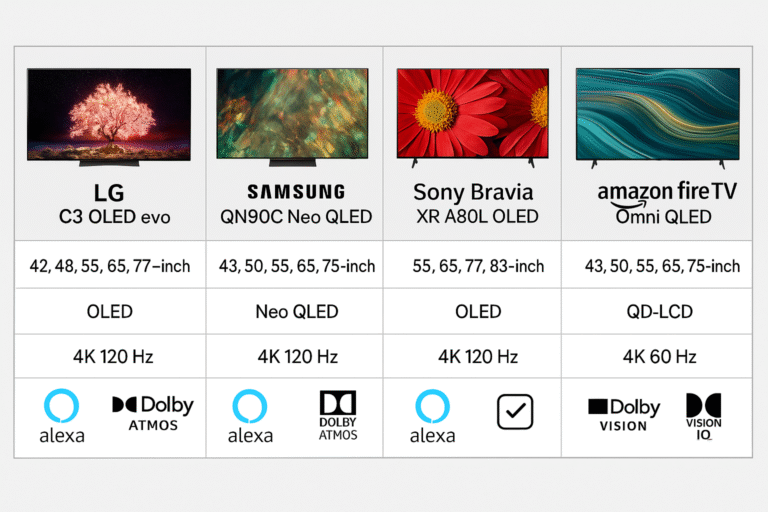 Table-style product side-by-side with logos for Alexa, Atmos, ThinQ, etc.