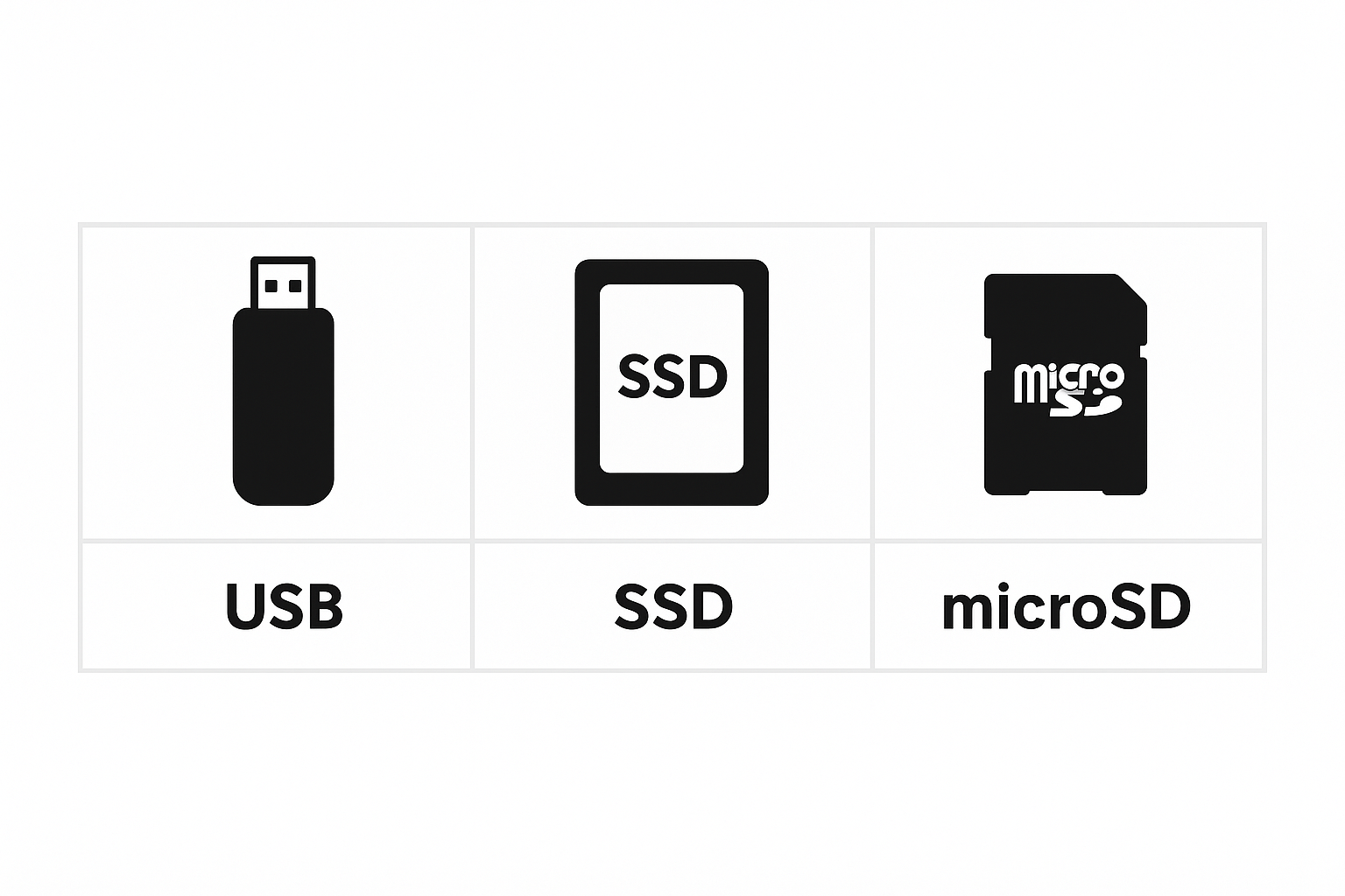 Table visual with icons (USB, SSD, microSD)