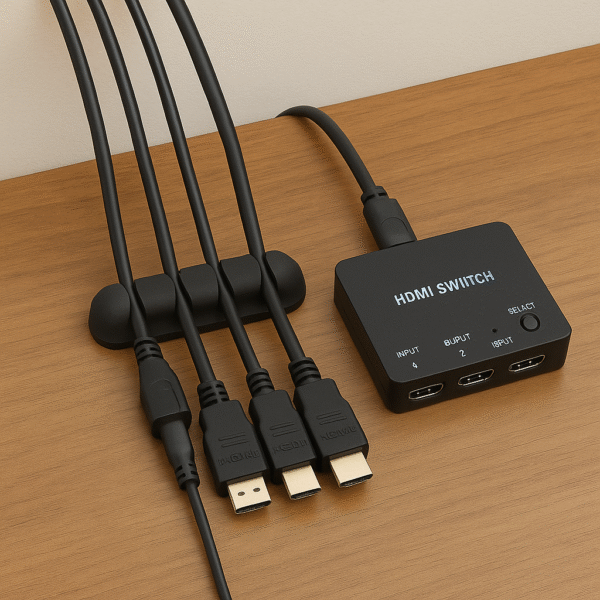 Tabletop image showing organized cable management and HDMI switch
