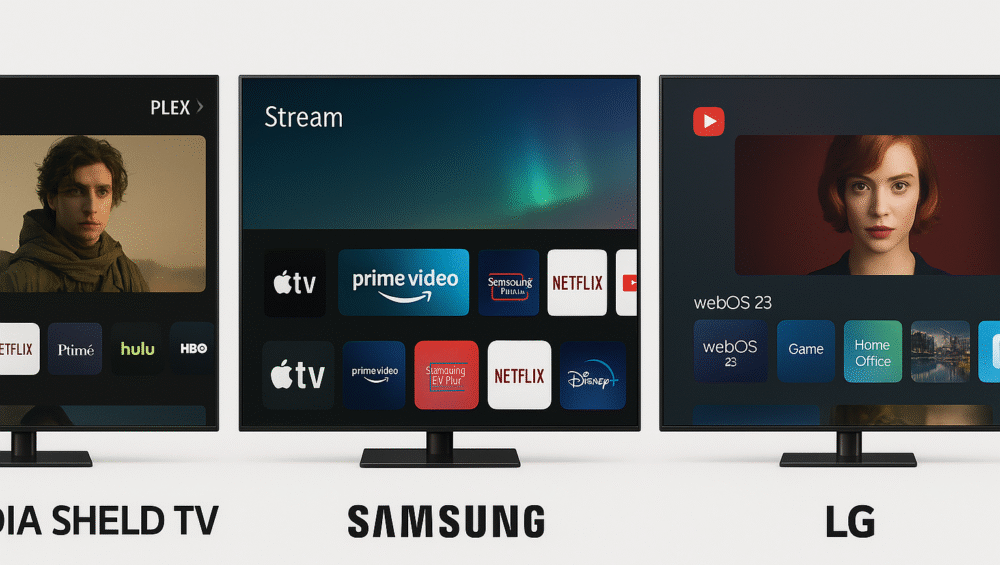 Three-screen collage comparing streaming app interfaces on NVIDIA Shield TV Pro, Samsung Neo QLED, and LG OLED, highlighting performance differences between AI upscaling streaming devices.