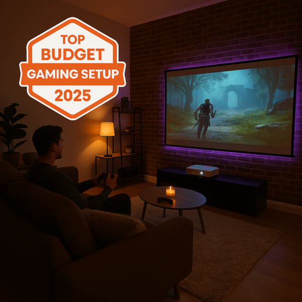 Top Budget Gaming Setup 2025” graphic badge over full room shot