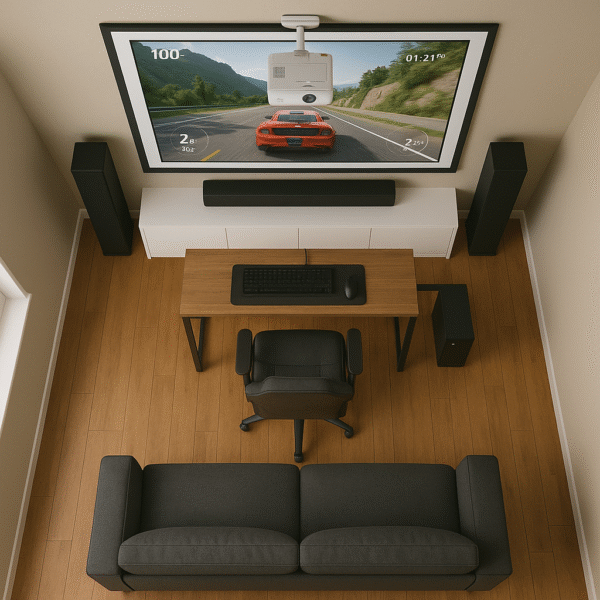 Top-down view of a complete gaming room layout featuring a ceiling-mounted projector, large wall screen, centered soundbar, subwoofer near the corner, gaming console setup on a side shelf, recliner seating, and ambient smart lighting along the walls.