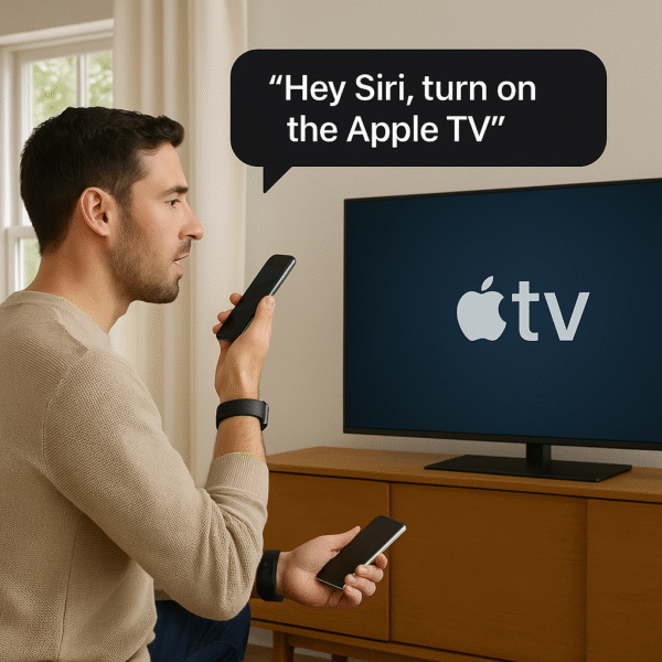 User giving Siri voice command to Apple TV from iPhone or Apple Watch