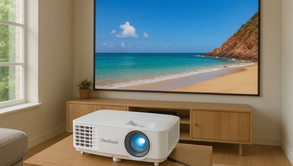 ViewSonic PX701HD Small apartment setup showing compact projector space