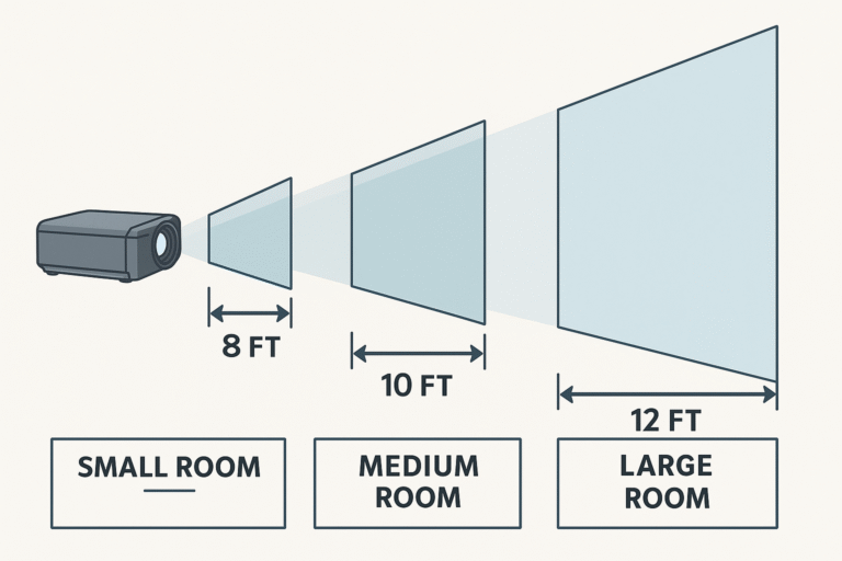 Visual diagram illustrating projector throw distances for small, medium, and large gaming rooms, showing how far to place the projector from the screen for optimal image size and clarity when buying a projector for gaming.