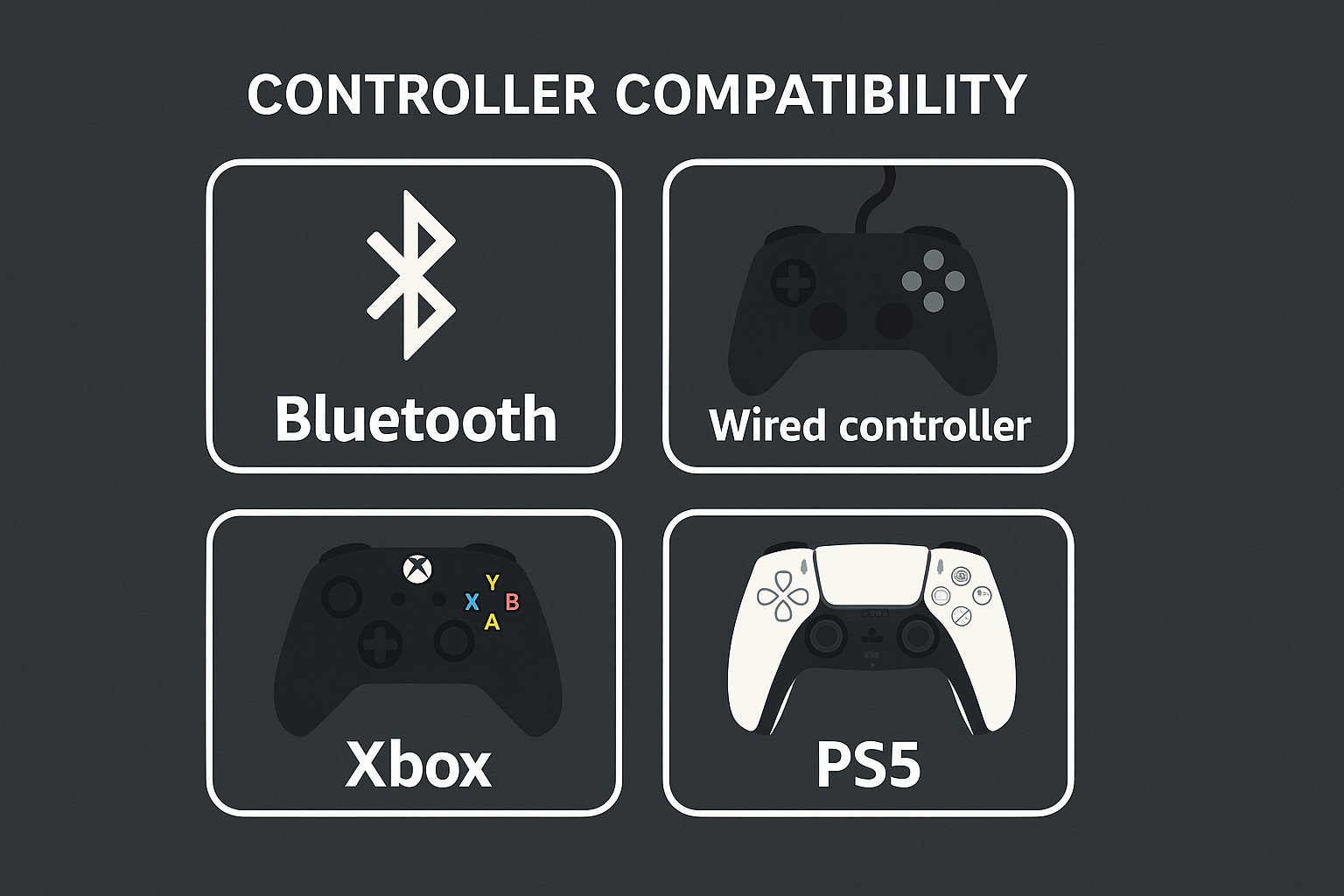 Visual showing controller compatibility options in Samsung Game Hub, including Xbox Wireless, PlayStation DualSense, third-party Bluetooth gamepads, and Samsung TV remote.