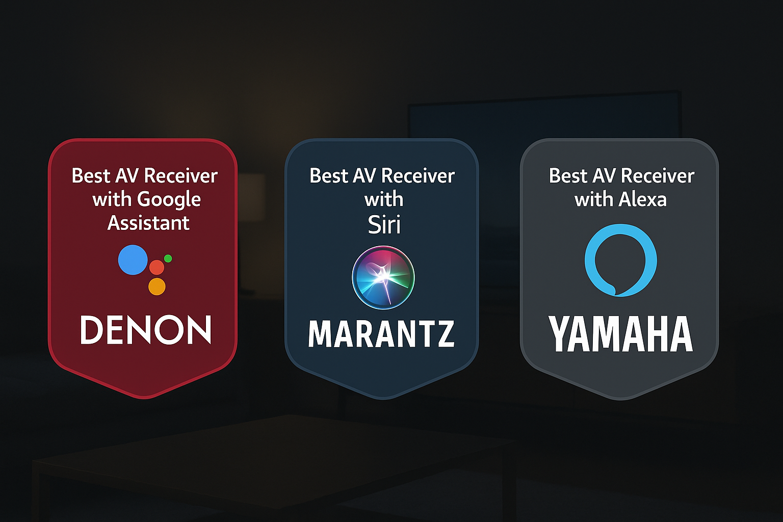 Voice assistant badge overlays for Yamaha RX-V6A, Denon AVR-X1700H, and Marantz PM7000N showing each receiver with labeled icons—Alexa, Google Assistant, and Siri—indicating multi-assistant compatibility and smart voice control features.