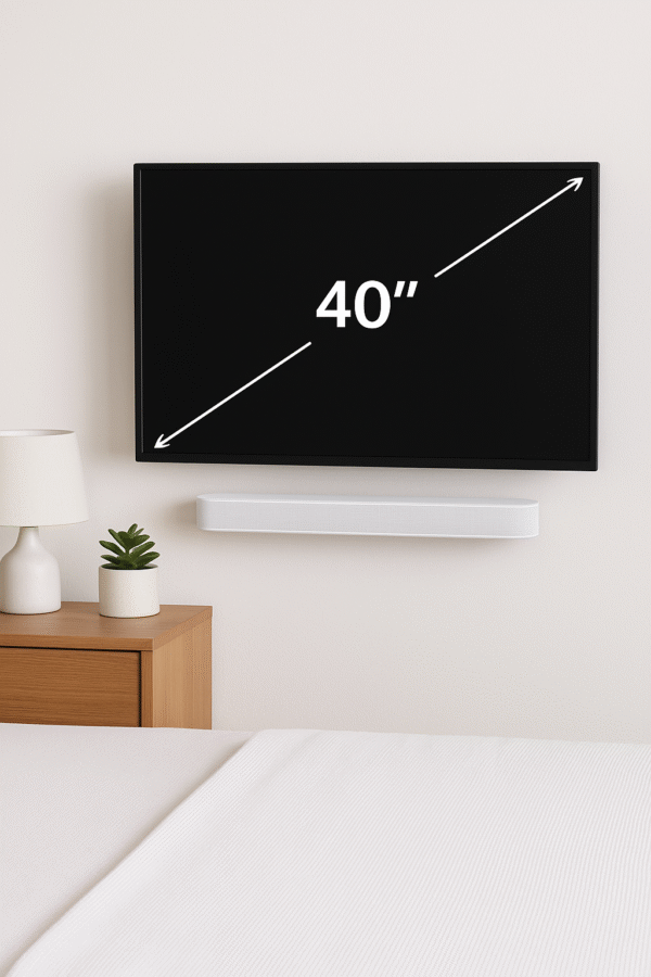 Wall-mounted soundbar below a 40” TV in a bedroom setting.