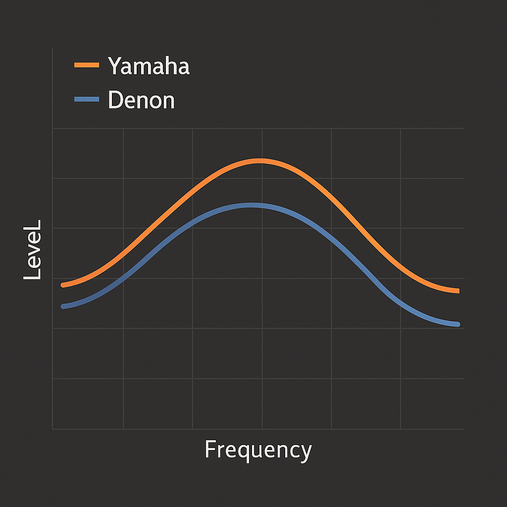 Yamaha RX-V6A vs Denon AVR-S970H tonal balance comparison graph showing a waveform chart that illustrates Yamaha’s brighter, more cinematic highs and Denon’s warmer, flatter response curve with tighter bass emphasis.