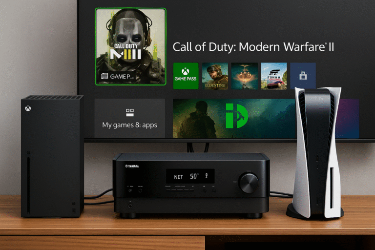 Yamaha RX-V6A 8K AV receiver gaming setup showing an Xbox Series X and PS5 connected via HDMI 2.1, with a large screen displaying an active game interface to demonstrate 4K/120Hz and low-latency gaming performance.