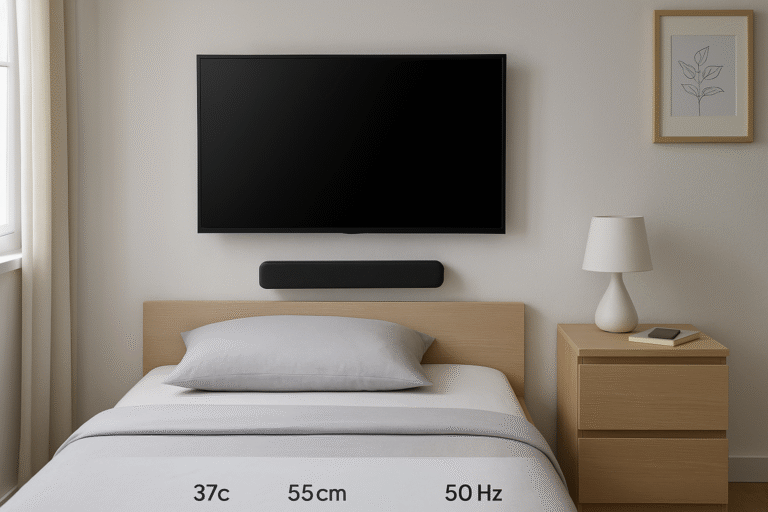 Yamaha SR-C30A setup in a minimalist bedroom with small wall-mounted TV