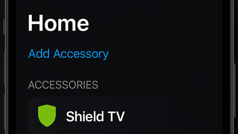 Screenshot of iPhone Home app showing Shield TV listed as a connected accessory through Shield TV smart home integration using HomeBridge.
