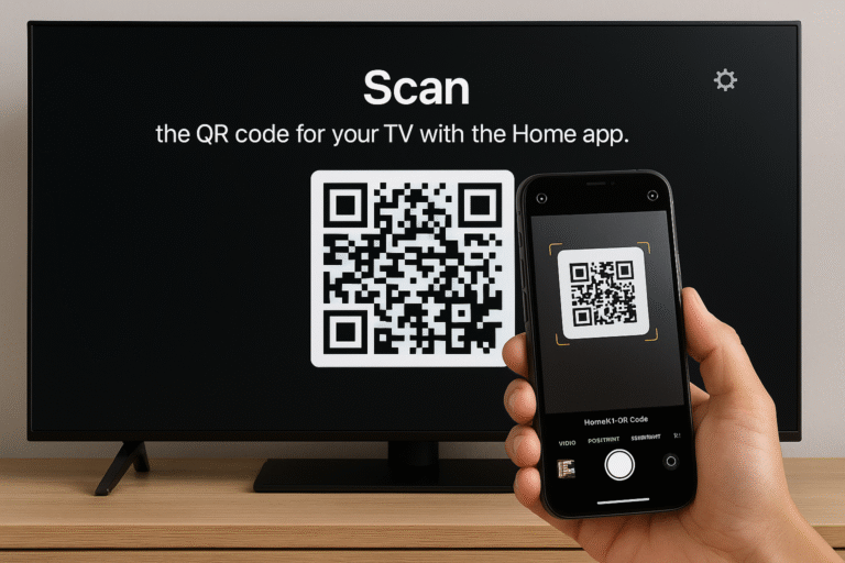 iPhone scanning HomeKit QR code on smart TV