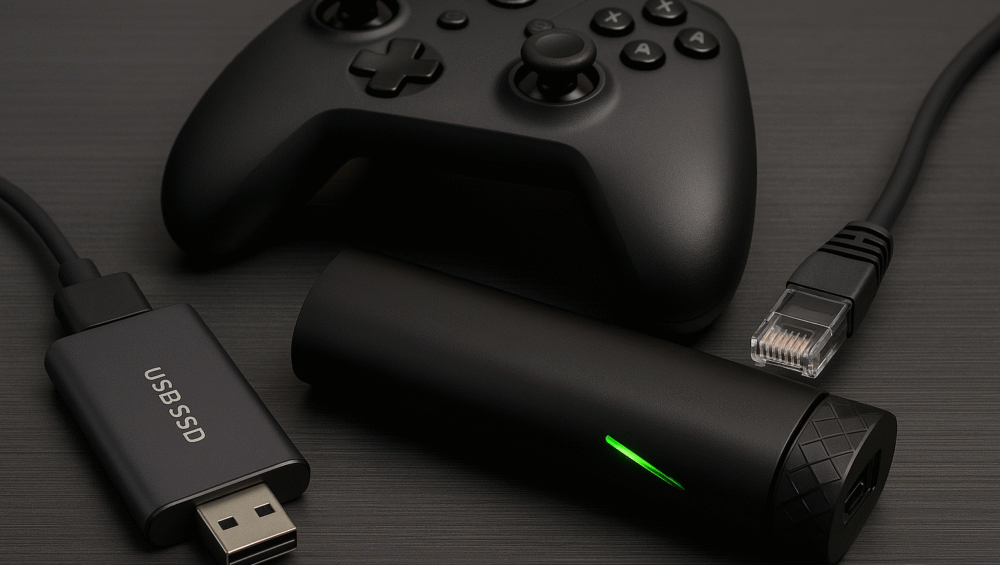 shot of Shield TV with multiple devices connected SSD, controller, Ethernet