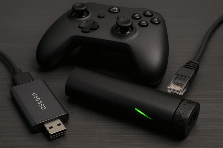 shot of Shield TV with multiple devices connected SSD, controller, Ethernet