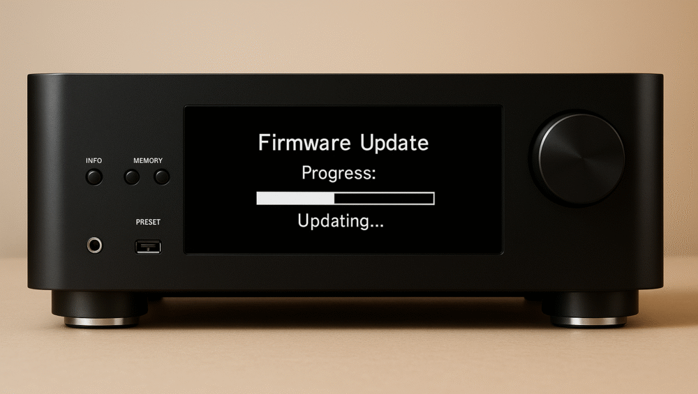 AV receiver unit with firmware update screen shown on display