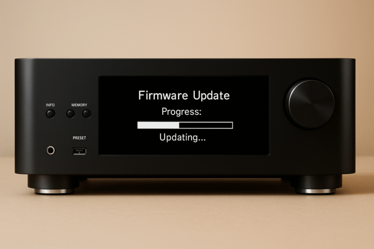 AV receiver unit with firmware update screen displayed, showing modern support for long-term features – Denon vs Yamaha AV history reliability example.