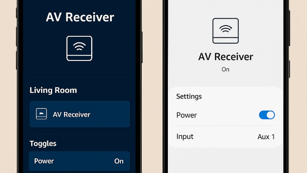 Alexa and SmartThings apps open side-by-side with receiver settings.