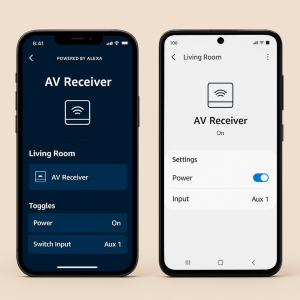 Alexa and SmartThings apps displayed side by side with AV receiver settings for smart home theater integration.