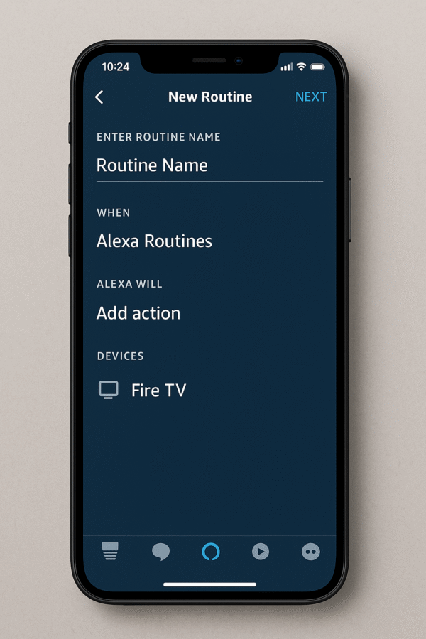 Alexa app routine builder interface with Fire TV device selected, showing Fire TV smart home integration setup.