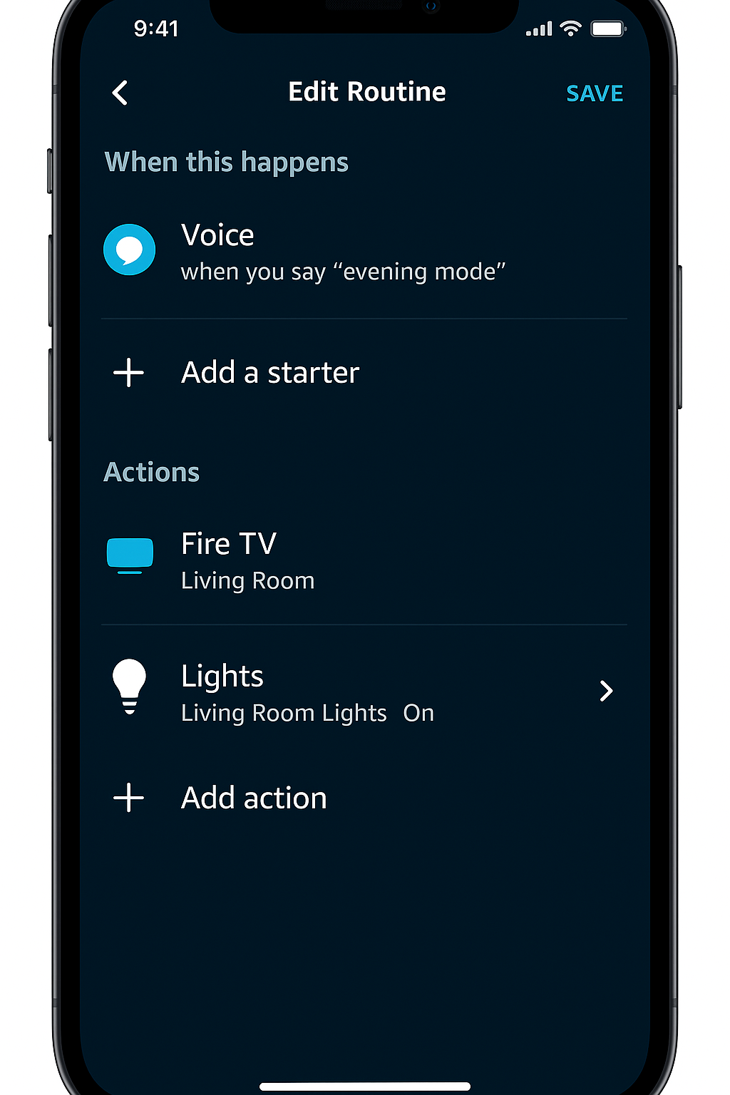 Alexa app routine editor with Fire TV and smart bulbs selected
