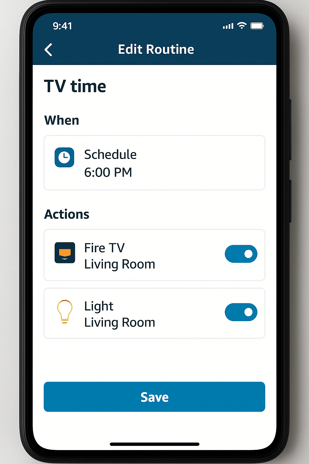 Alexa app showing a scheduled routine with Fire TV and smart light toggles as part of an automated TV setup for elderly users.