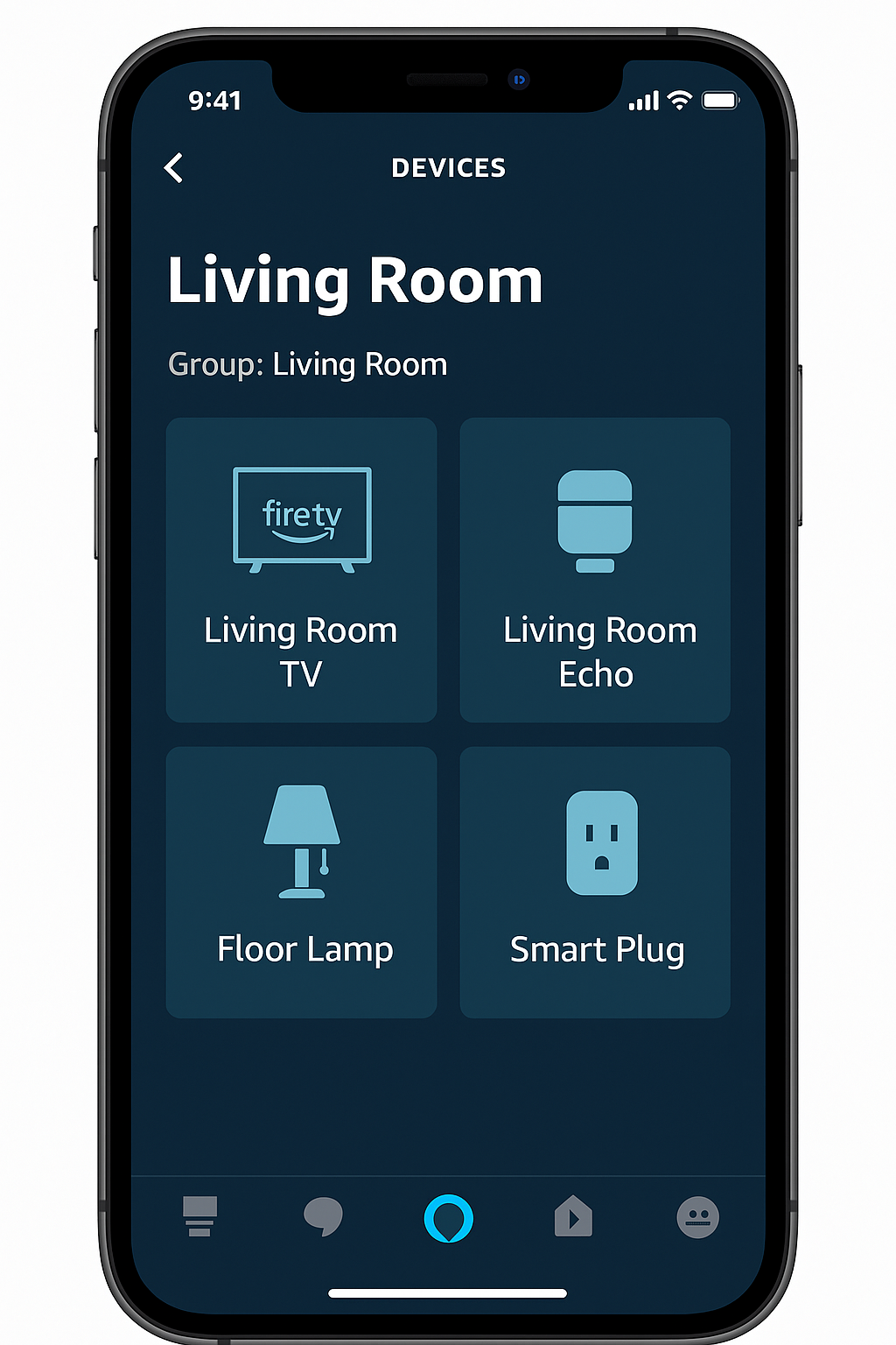 Alexa app screen showing device group with Fire TV and Echo paired with lights and plugs.