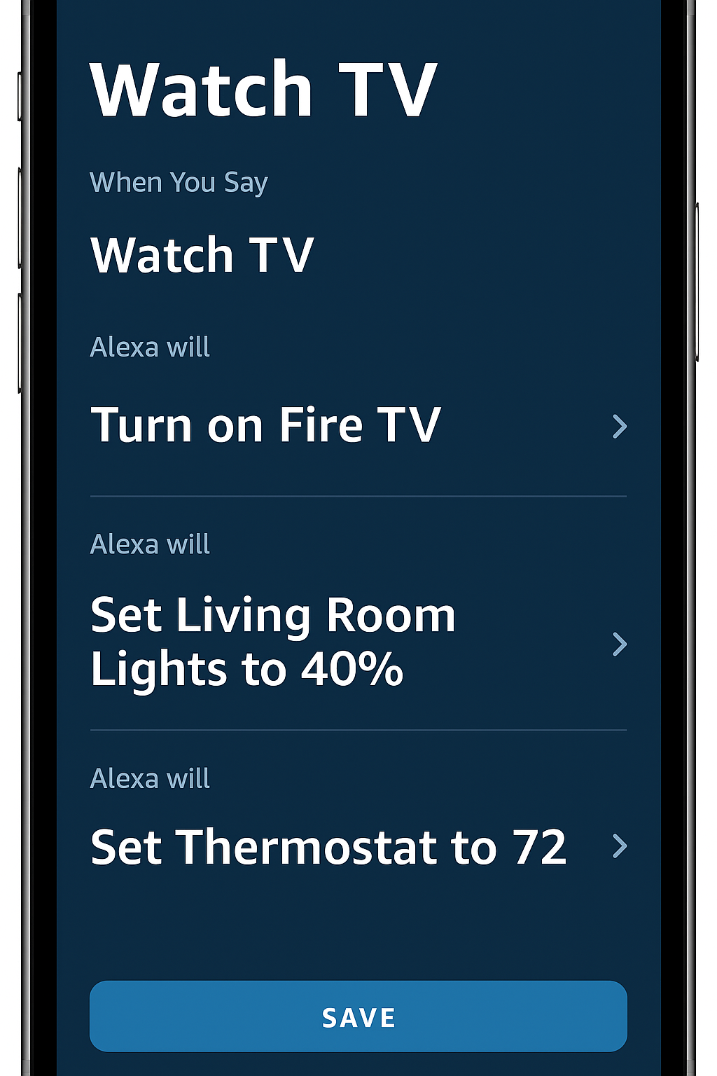 Alexa app screen showing routine flow for Watch TV or Bedtime