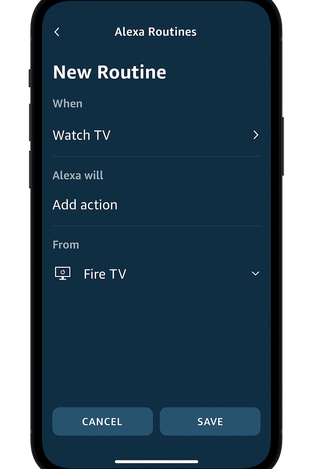 Alexa app screen showing routine setup with Fire TV as a target device.