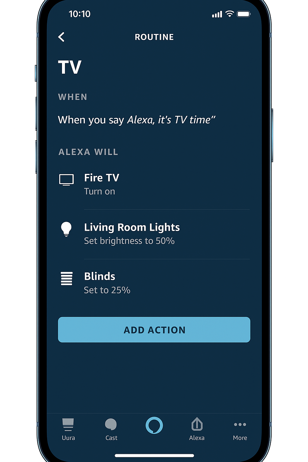Alexa app screen with TV routine including TV + lighting + blinds.