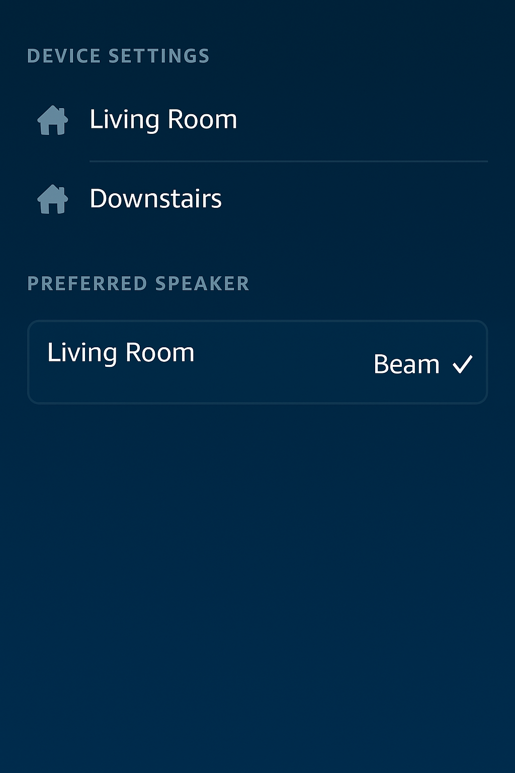 Alexa voice routine setup guide – Alexa app settings screen showing device groups and Sonos Beam set as preferred speaker configuration