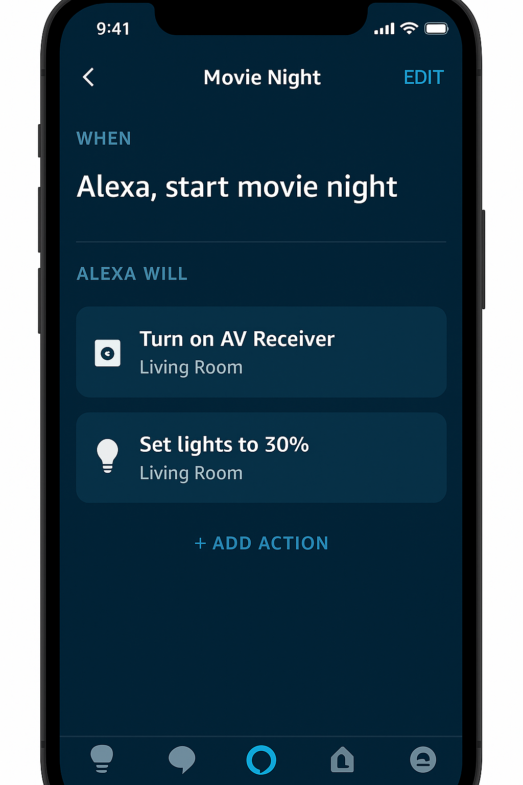 Alexa app screen showing a Movie Night routine with an AV receiver included for smart home automation.