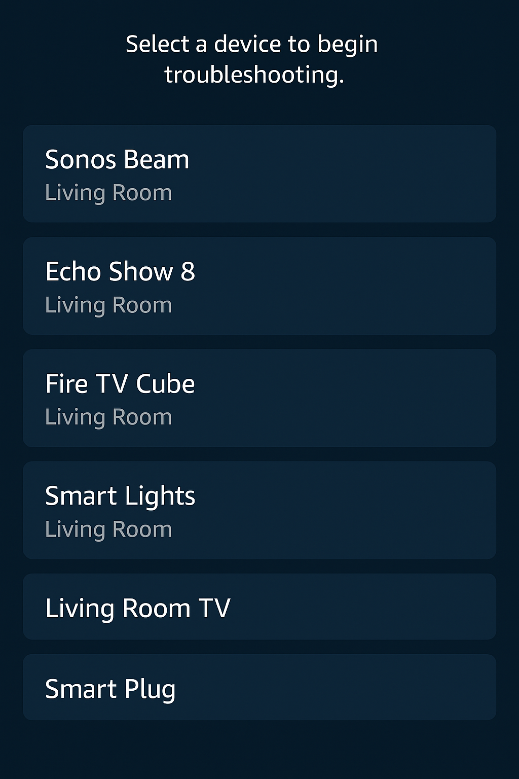 Sonos Beam with Fire TV Alexa – Alexa app troubleshooting panel showing linked devices for connectivity fixes