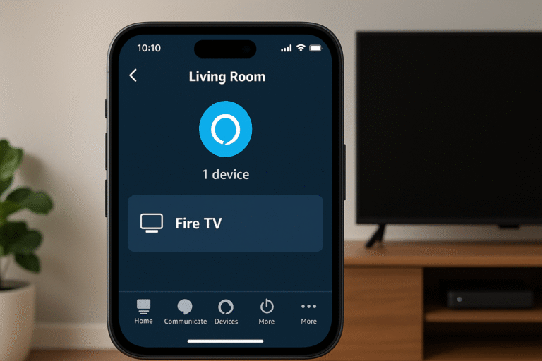 Alexa app showing Fire TV included in a device group named Living Room, demonstrating Fire TV smart home integration.