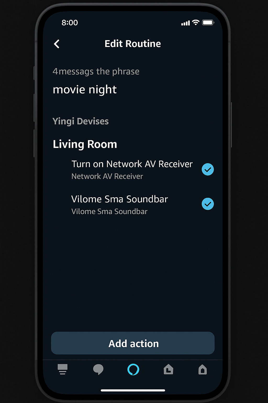 Alexa routine builder with both AV receiver and smart soundbar listed in group