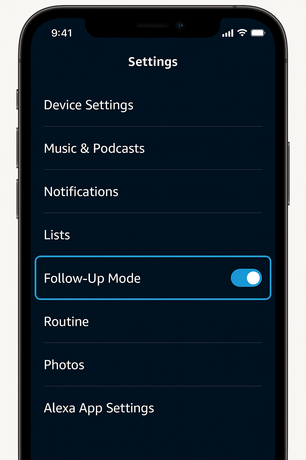 Alexa settings menu with Follow-Up Mode toggle highlighted