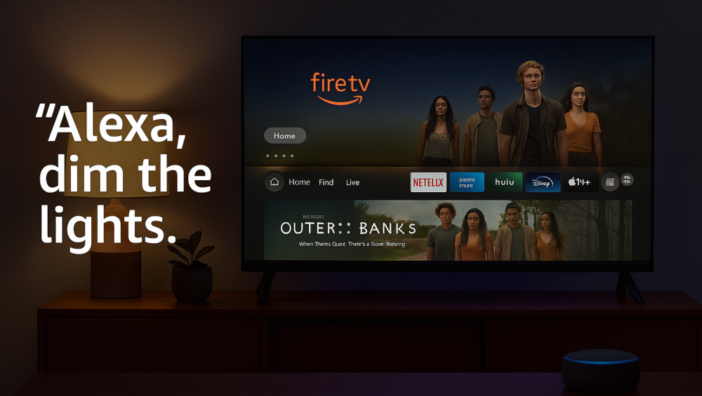 Alexa voice command interface with Fire TV screen and smart lights dimming in background