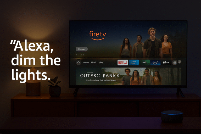 Alexa voice command interface with Fire TV screen and smart lights dimming in background