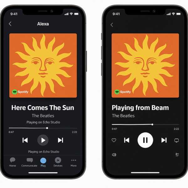 Sonos Beam vs Echo Studio – app screens showing Spotify streaming on both devices for music playback comparison