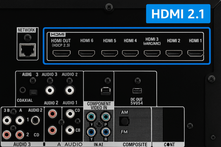 Back panel of an AV receiver with HDMI 2.1 ports highlighted to show connectivity options on the best 8K AV receivers.