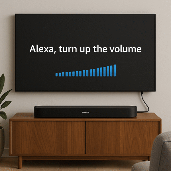 Beam connected via HDMI ARC to TV with Alexa command overlay