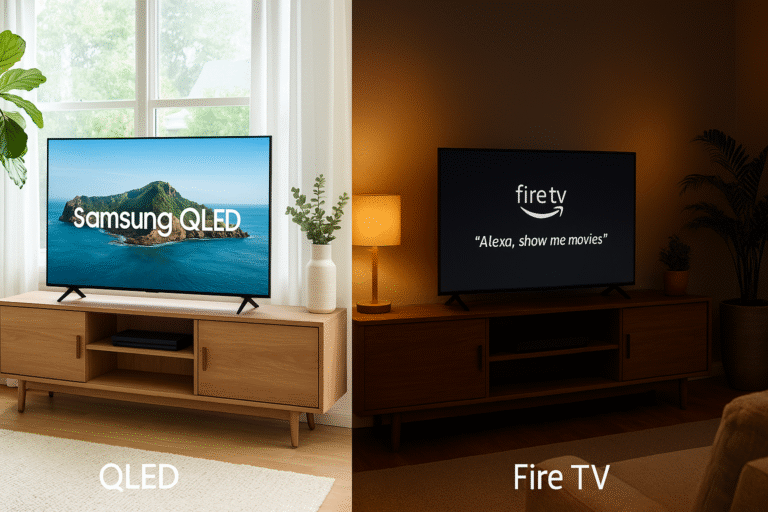 Bright daylight living room with Samsung QLED vs cozy night scene with Fire TV.