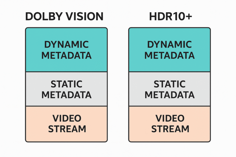 Chart showing Dolby Vision vs HDR10+ metadata structure side-by-side
