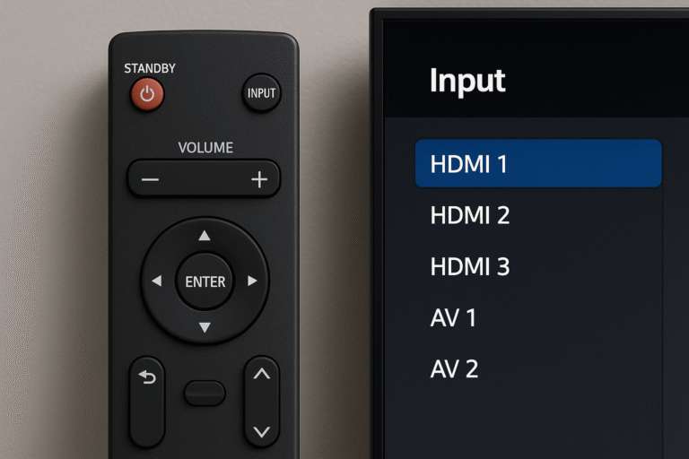Close-up of AV receiver remote with on-screen input selector showing multiple HDMI sources – best gaming audio setup control example.