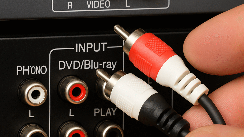 Close-up photo of RCA cables connecting Blu-ray player to vintage receiver