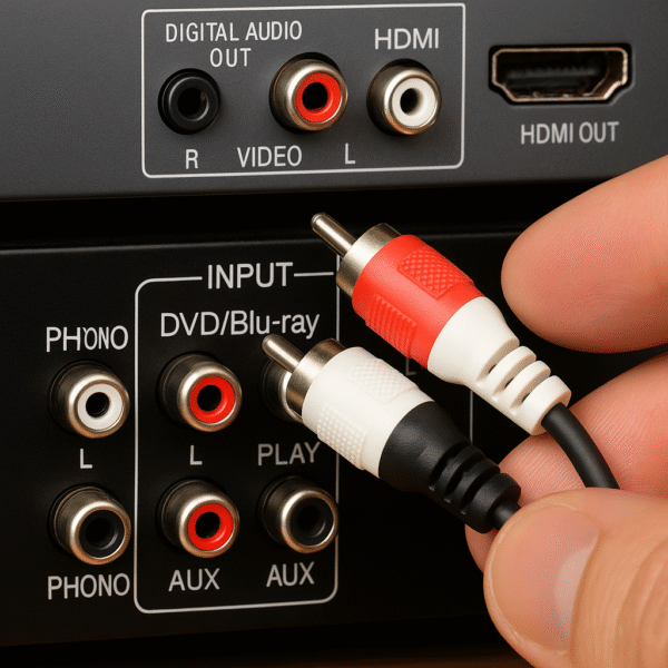 Close-up photo of RCA cables connecting Blu-ray player to vintage receiver