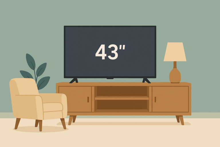 Compact living space showing a 43 TV on a credenza or media stand